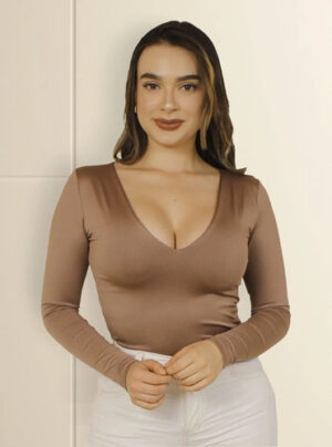 Body  Licrada Cuello En V Licrado Bodie Manga Larga Blusa