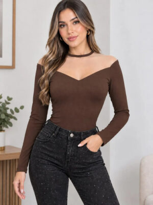 Body Ruth Malla Manga Larga En Lycra , Moda, Blusa Cafe Liso L Xl