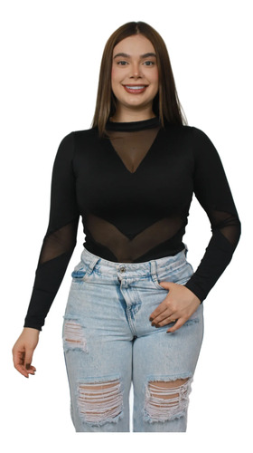Body Sara Blusa Manga Larga Doble Tela Mallatex, Moda Blusa Negro Lisa Sm