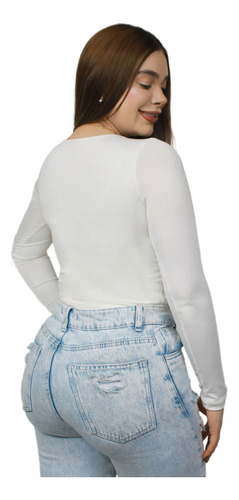 Body Cuello Redondo Control Blusa Mujer Manga Larga En Licra Marfil Lisa Sm