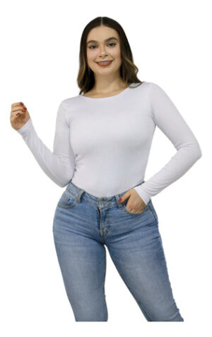 Body Cuello Redondo Control Blusa Mujer Manga Larga En Licra Blanco Liso L Xl
