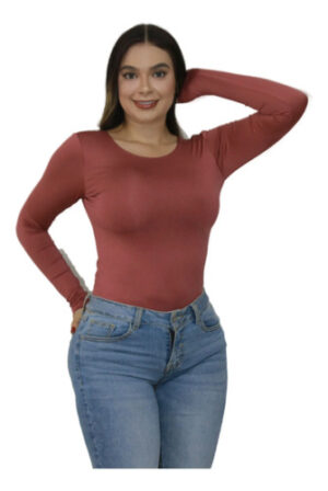 Body Cuello Redondo Control Blusa Mujer Manga Larga En Licra Oro Rosa Lisa L Xl