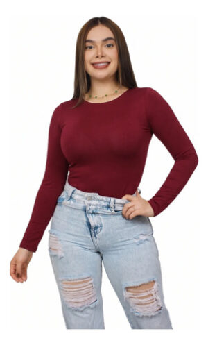Body Cuello Redondo Control Blusa Mujer Manga Larga En Licra Vinotinto Liso Sm