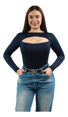 Body Olena Manga Larga En Lycra , Moda, Blusa Azul Oscuro Lisa L Xl