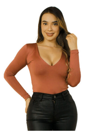 Body Cuello V Control Abdomen, Licrada Bodie Manga Larga Oro Rosa Lisa Sm