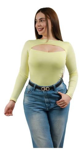 Body Olena Manga Larga En Lycra , Moda, Blusa Amarillo Liso 2xl