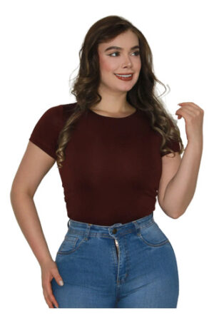Body Cuello Redondo Control, Licrada Mujer Manga Corta Doble Vinotinto Lisa Sm