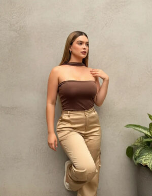 Body Ayda Manga Sisa Tira En Cuello Strapless Blusa Lxl Cafe Oscuro Liso Lxl
