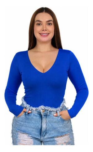 Body Cuello V Control Abdomen, Licrada Bodie Manga Larga Azul Rey Lisa Sm