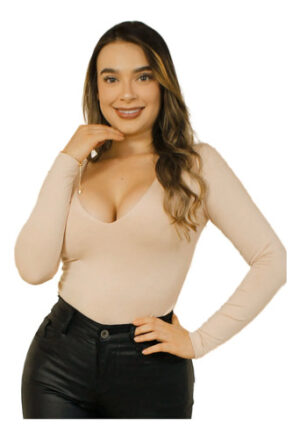 Body Cuello V Control Abdomen, Licrada Bodie Manga Larga Beige Lisa Sm
