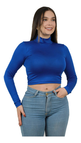 Blusa Crop Top Lycra Mujer Manga Larga  Básica Azul Rey Lisa Sm