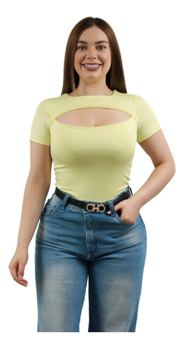 Body Olena Manga Corta, En Lycra  Moda, Blusa Amarillo Lisa Sm