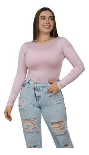 Body Cuello Redondo Control Blusa Mujer Manga Larga En Licra Rosa Liso L Xl