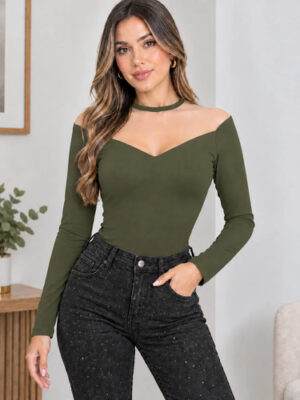 Body Ruth Malla Manga Larga En Lycra , Moda, Blusa Verde Militar Liso Sm