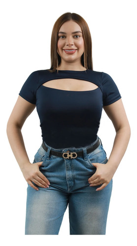 Body Olena Manga Corta, En Lycra  Moda, Blusa Azul Oscuro Lisa Sm