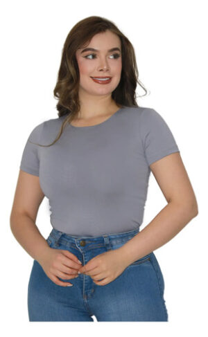 Body Cuello Redondo Control, Licrada Mujer Manga Corta Doble Gris Lisa Sm