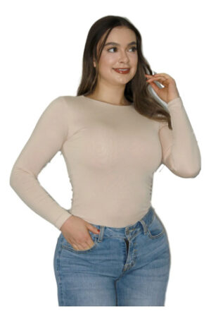 Body Cuello Redondo Control Blusa Mujer Manga Larga En Licra Beige Liso L Xl