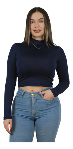 Blusa Crop Top Lycra Mujer Manga Larga  Básica Azul Oscuro Lisa Sm