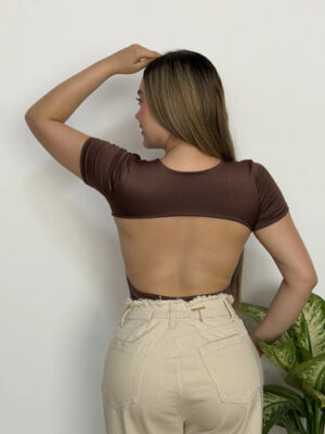 Body Escote En La Espalda Manga Corta Cafe Oscuro Liso Lxl