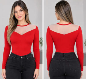 Body Ruth Malla Manga Larga En Lycra , Moda, Blusa Rojo Liso Sm