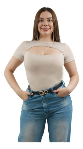 Body Olena Manga Corta, En Lycra  Moda, Blusa Beige Lisa L Xl