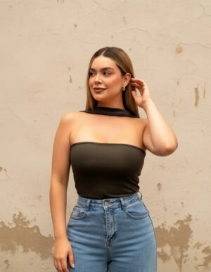 Body Ayda Manga Sisa Tira En Cuello Strapless Blusa Lxl Verde Militar Liso Lxl