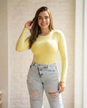 Body Cuello Redondo Control Blusa Mujer Manga Larga En Licra Amarillo Liso L Xl
