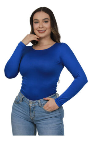 Body Cuello Redondo Control Blusa Mujer Manga Larga En Licra Azul Rey Liso L Xl