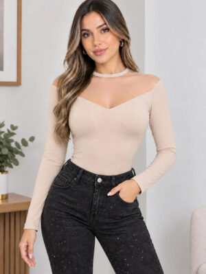 Body Ruth Malla Manga Larga En Lycra , Moda, Blusa Beige Liso L Xl