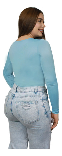 Body Blusa *cuadrado Control Abdomen Manga Larga Para Mujer Celeste L Xl
