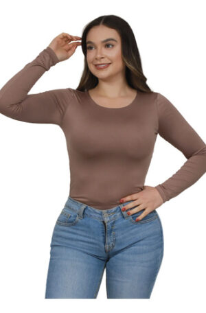 Body Cuello Redondo Control Blusa Mujer Manga Larga En Licra Cafe Liso Sm