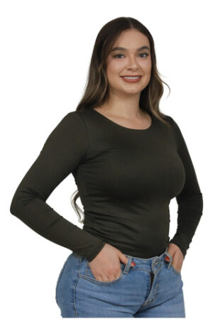 Body Cuello Redondo Control Blusa Mujer Manga Larga En Licra Verde Militar Liso L Xl