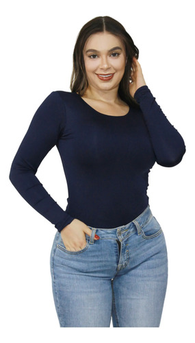 Body Cuello Redondo Control Blusa Mujer Manga Larga En Licra Azul Oscuro Liso Sm