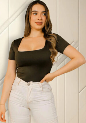 Body Mujer * Control Manga Corta Licrado Doble, Blusa Bodie Verde Oscuro Lisa L Xl