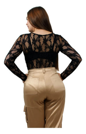 Body Blonda Textura Blusa Manga Larga Doble Tela, Moda Blusa Negro Floreado 2xl