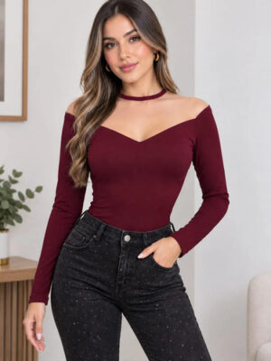 Body Ruth Malla Manga Larga En Lycra , Moda, Blusa Vinotinto Liso 2xl