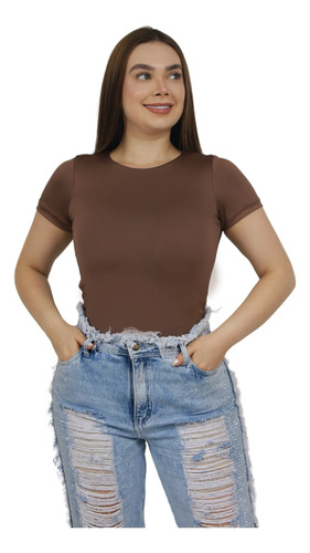 Body Cuello Redondo Control, Licrada Mujer Manga Corta Doble Cafe Lisa L Xl
