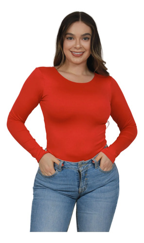 Body Cuello Redondo Control Blusa Mujer Manga Larga En Licra Rojo Liso Sm