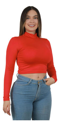 Blusa Crop Top Lycra Mujer Manga Larga  Básica Rojo Lisa Sm
