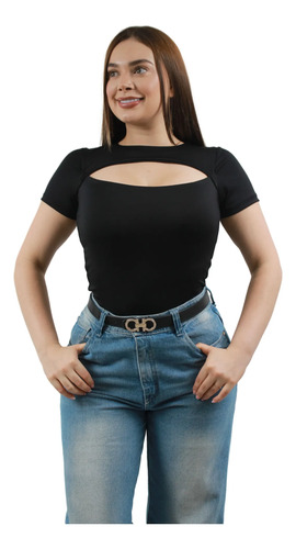Body Olena Manga Corta, En Lycra  Moda, Blusa Negro Liso Sm