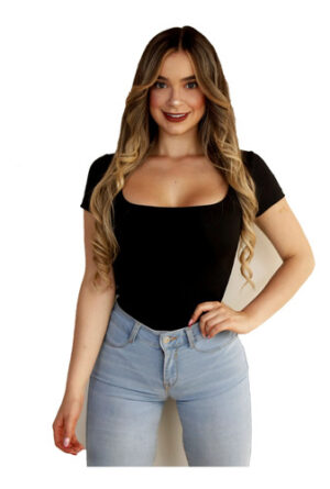 Body Mujer * Control Manga Corta Licrado Doble, Blusa Bodie Negro Lisa Sm