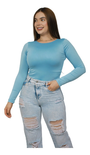 Body Cuello Redondo Control Blusa Mujer Manga Larga En Licra Celeste Liso L Xl